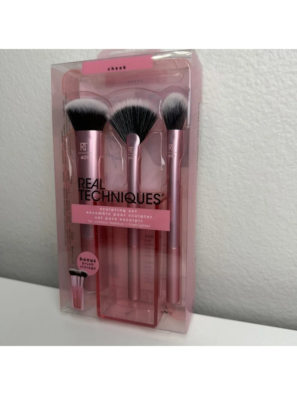 Real Techniques Sculpting Set 3pc Pink Contour Highlighter Brushes + Storage